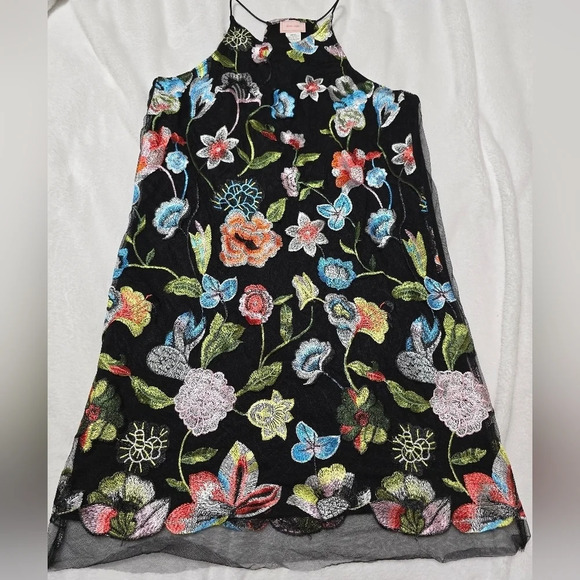 Love Ady Floral Embroidered Mini Shift Dress w/ Tulle Mesh Overlay, EUC! - Picture 2 of 14